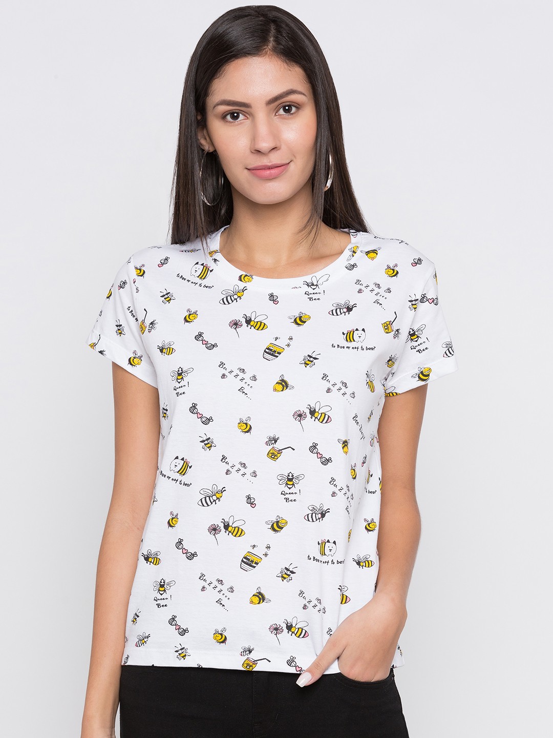 

Globus Women White Printed Round Neck T-shirt