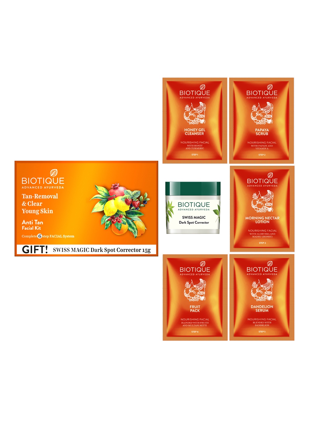 

Biotique Bio Anti-Tan Facial Kit with Swiss Magic Dark Spot Corrector, Orange