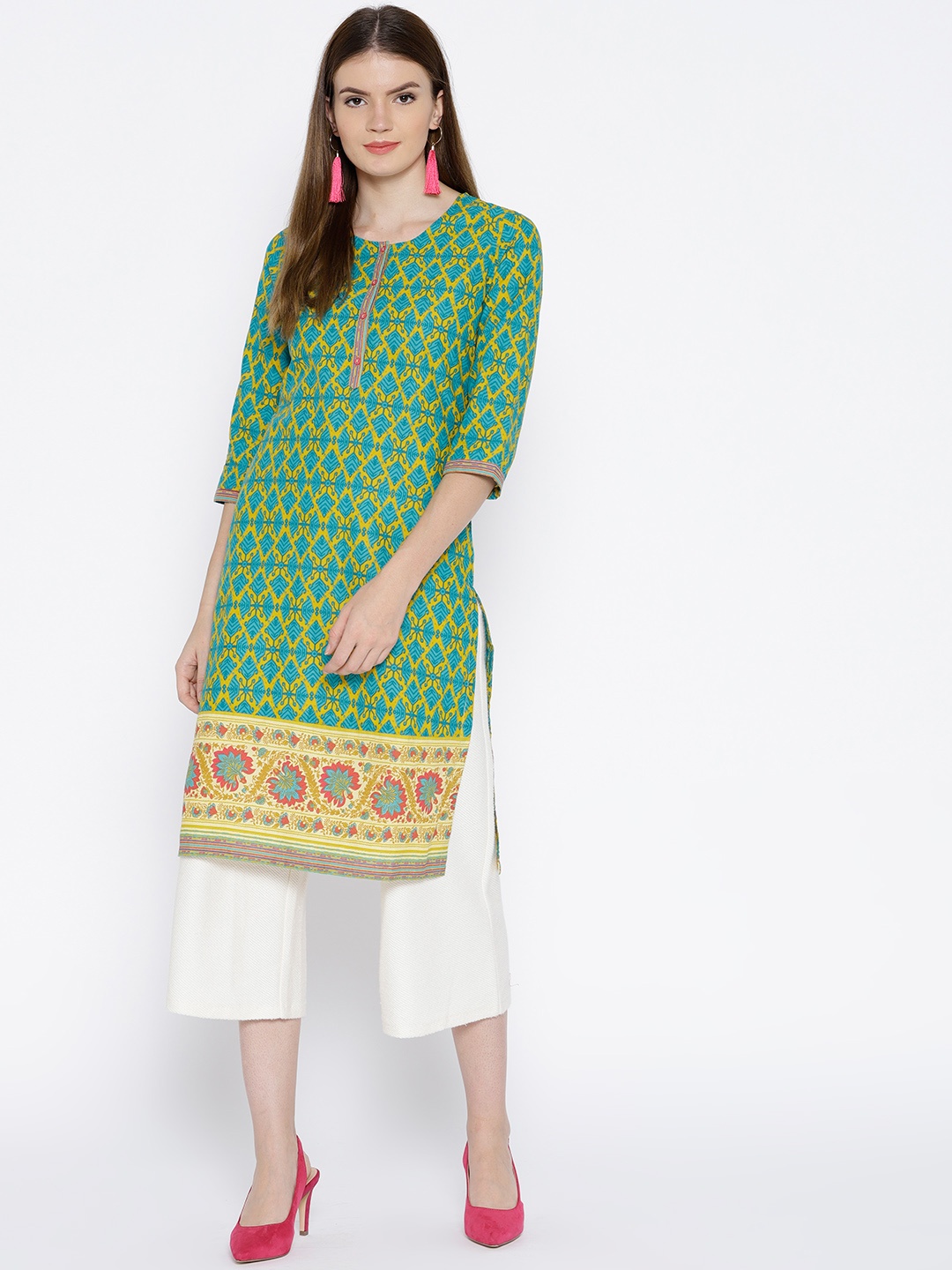 

Rangriti Women Turquoise Blue & Yellow Printed Straight Kurta