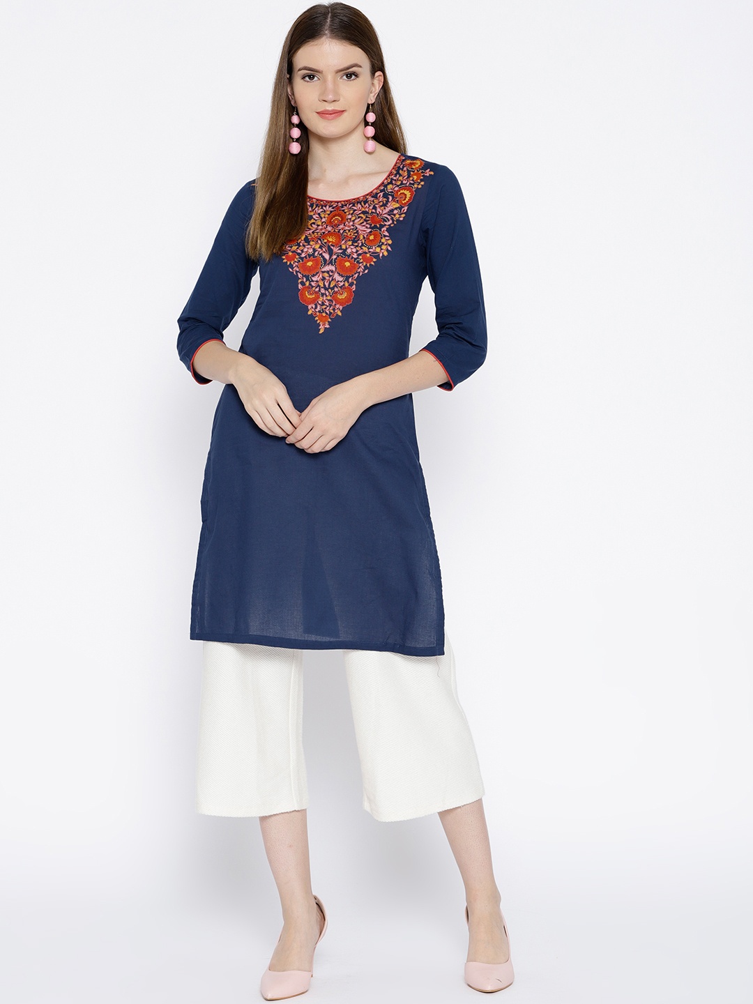 

Rangriti Women Navy Blue Yoke Design Straight Kurta