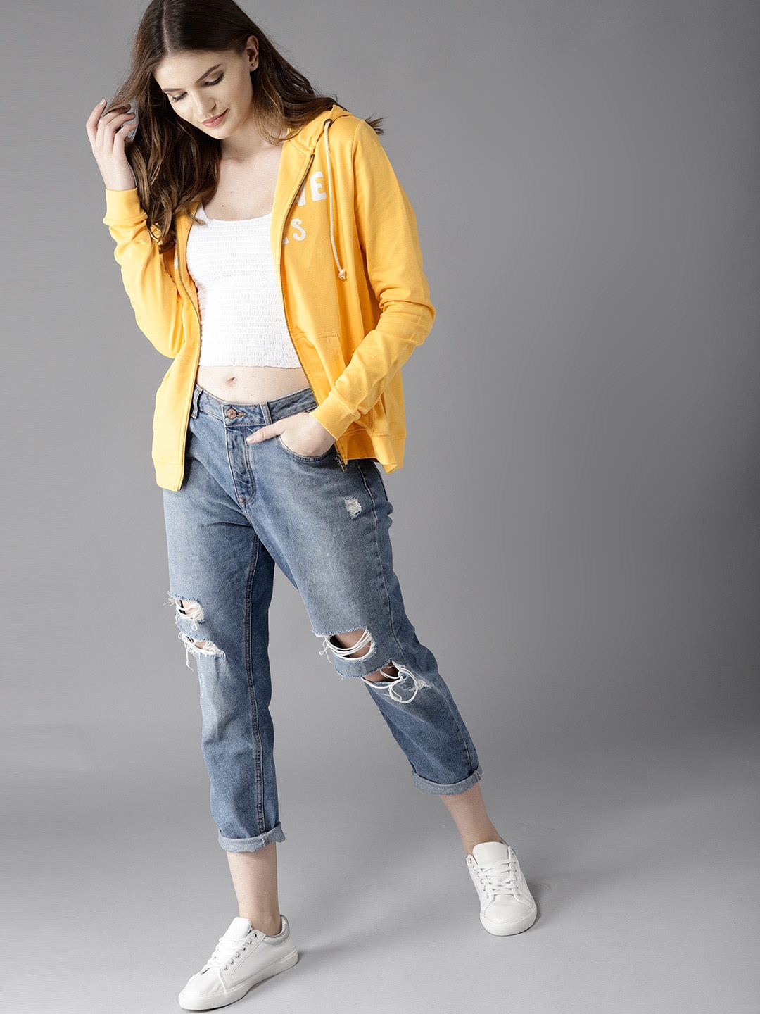 

HERE&NOW Women Yellow Printed Hooded Sweatshirt