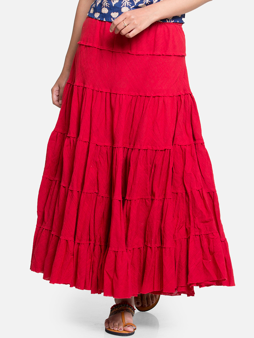 

PINKSKY Women Red Solid Flared Maxi Pure Cotton Skirt
