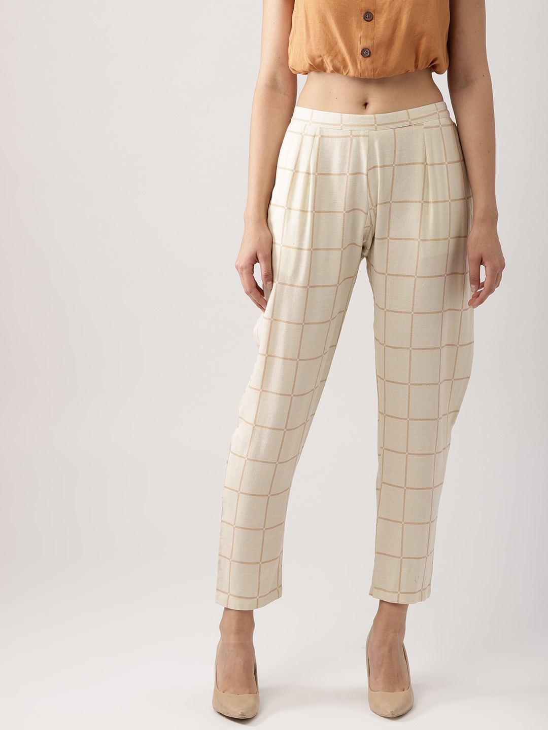 

Libas Women Cream-Coloured Checked Trousers