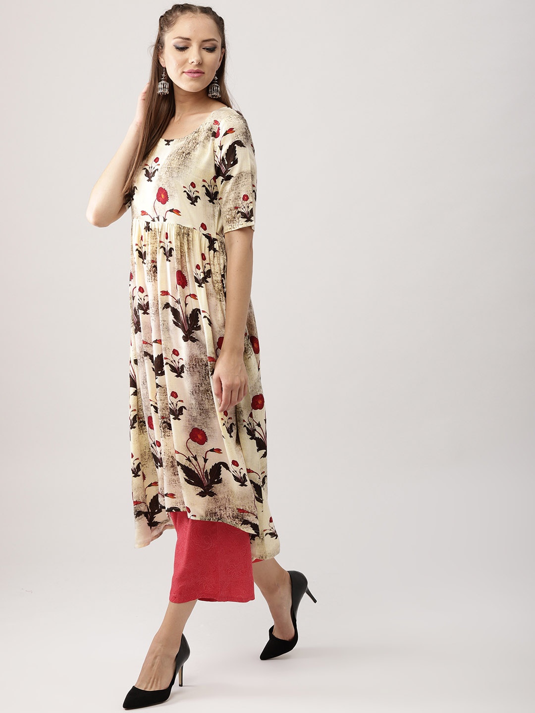 

Libas Women Off-White & Coral Pink Printed Kurta with Palazzos
