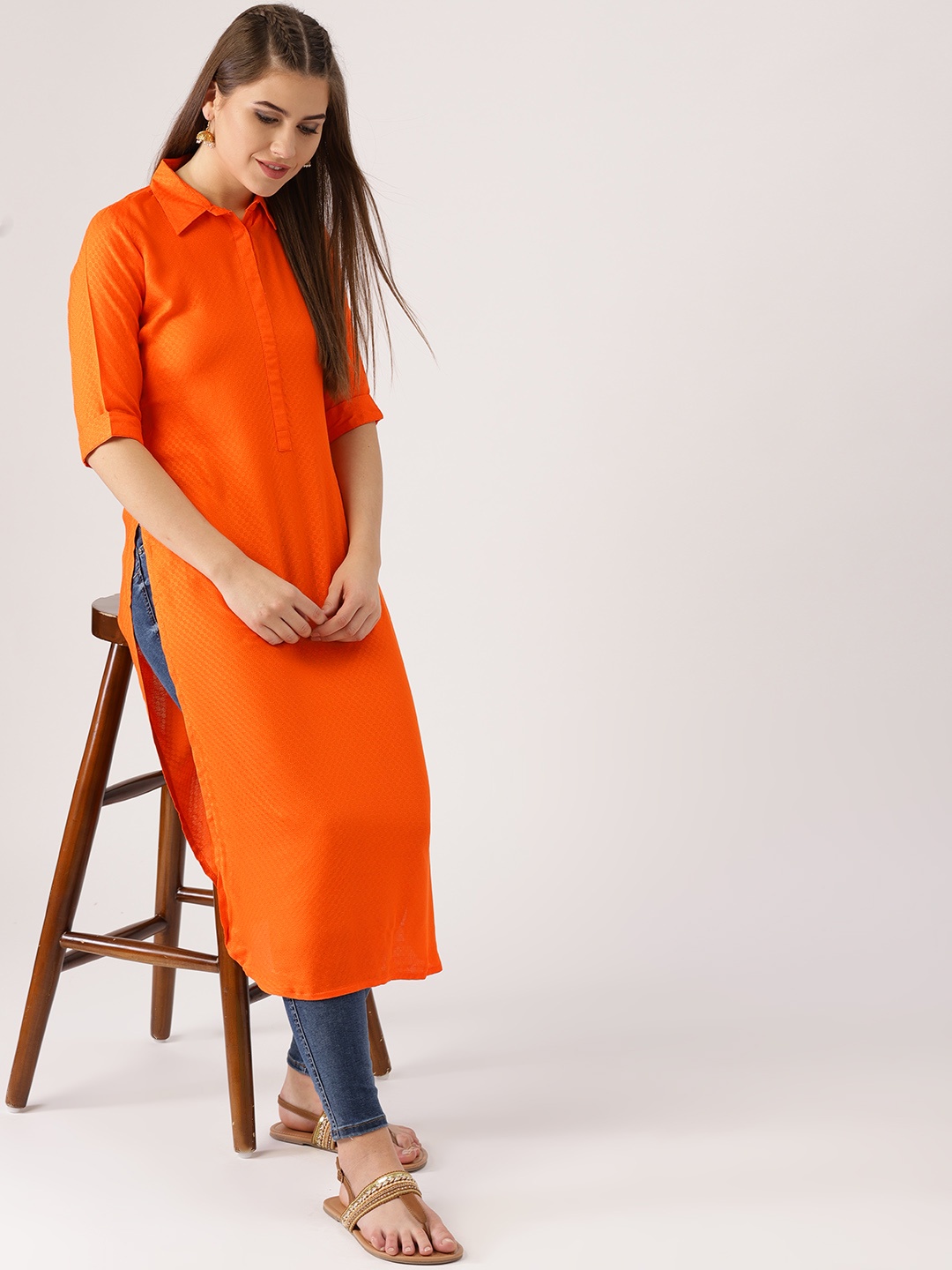 

Libas Women Orange Woven Design Pathani Kurta