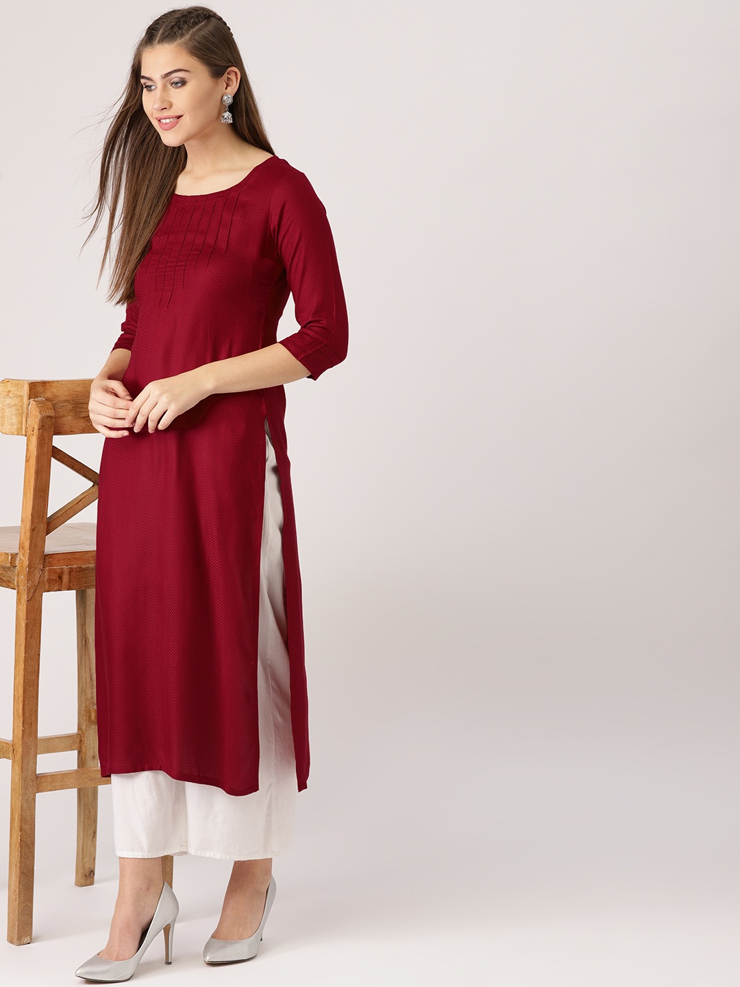

Libas Women Maroon Woven Design Straight Kurta