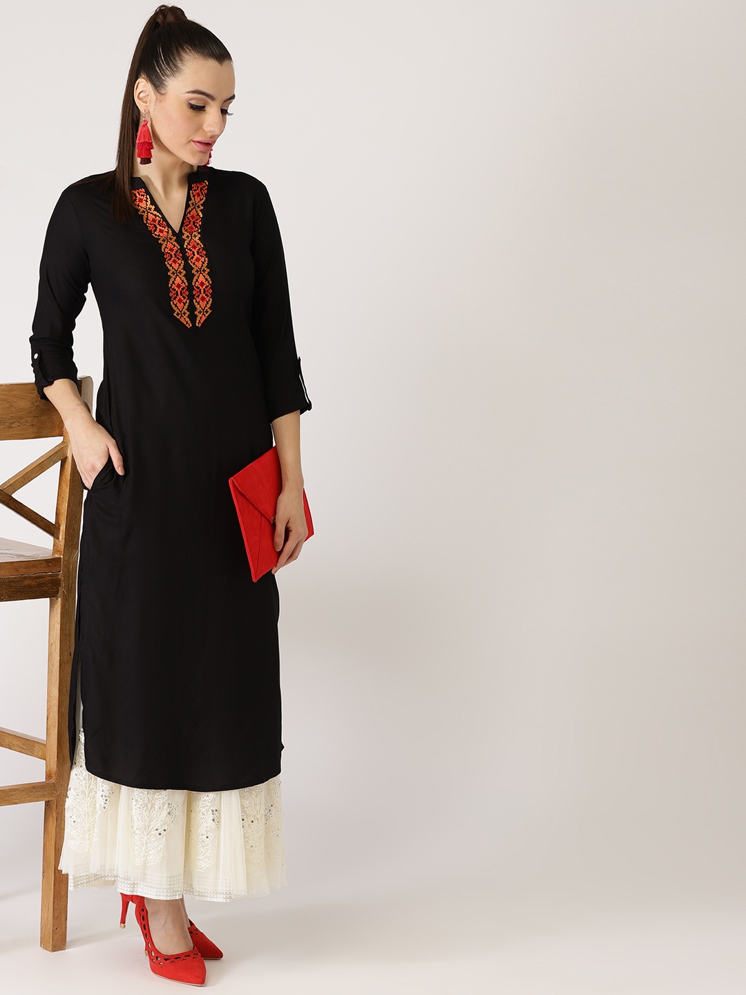 

Libas Women Black Woven Design Straight Kurta