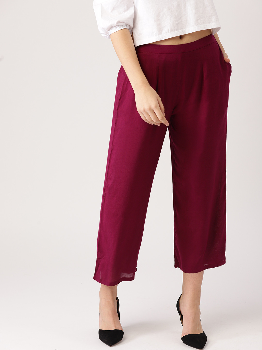 

Libas Women Wine Solid Wide Leg Cropped Palazzos, Purple