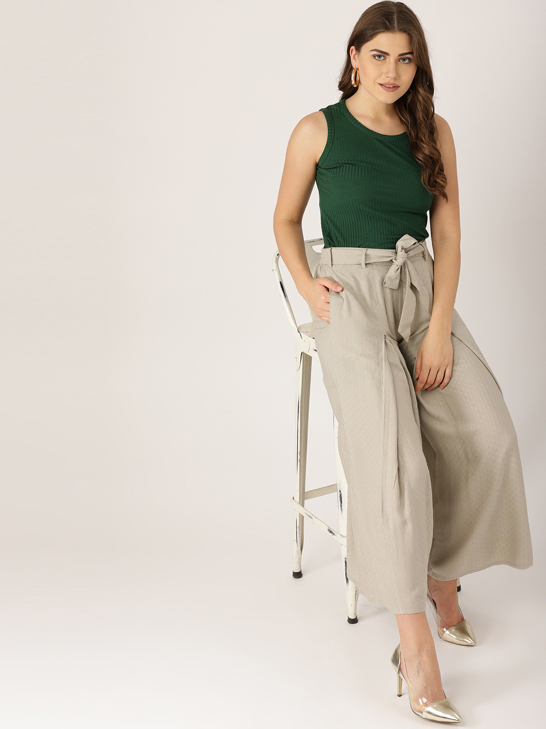 

Libas Women Grey Flared Self Design Palazzos