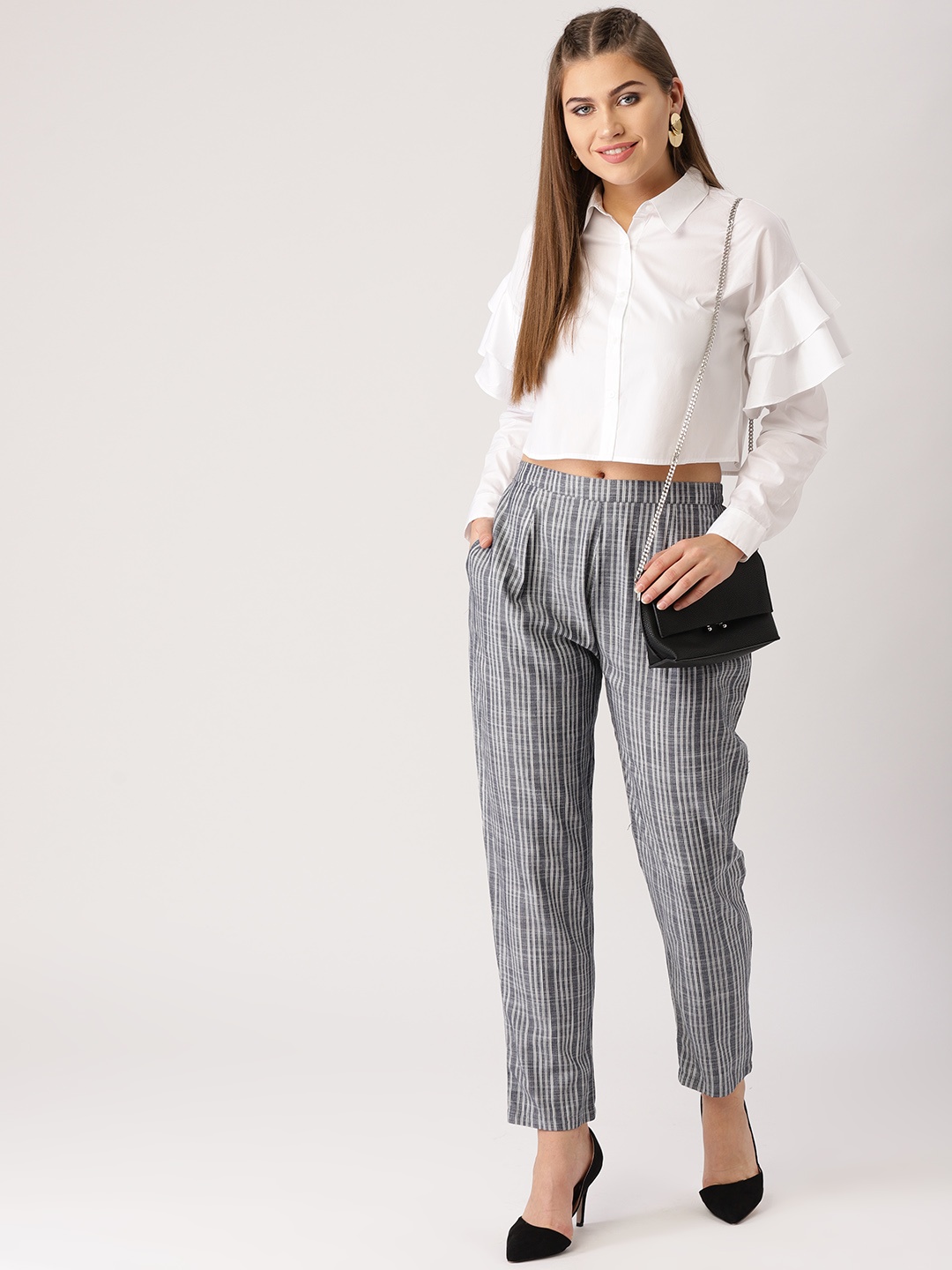 

Libas Women Grey & White Straight Fit Striped Regular Trousers