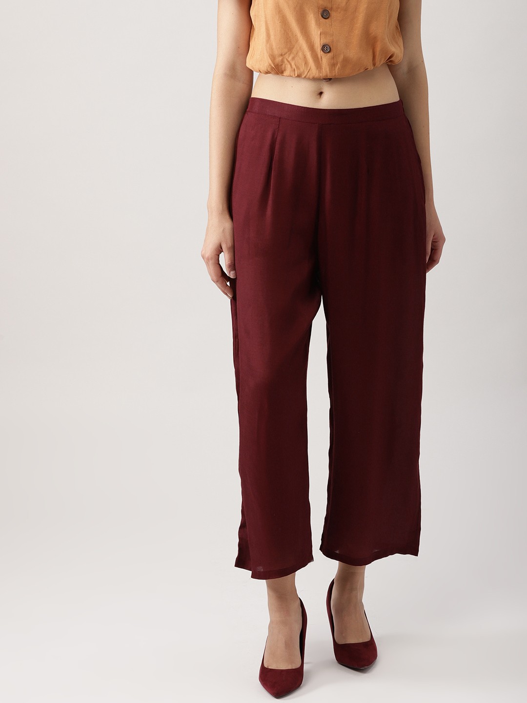 

Libas Women Burgundy Solid Wide Leg Cropped Palazzos