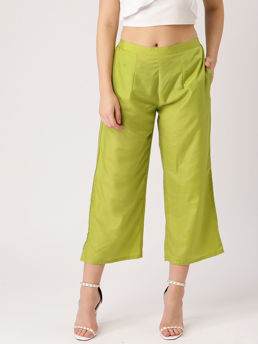 

Libas Women Green Solid Wide Leg Cropped Palazzos