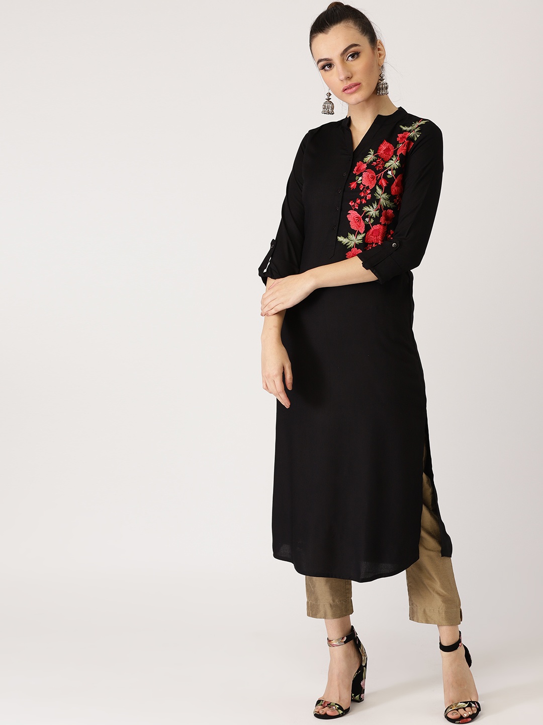 

Libas Women Black & Red Embroidered Pathani Kurta