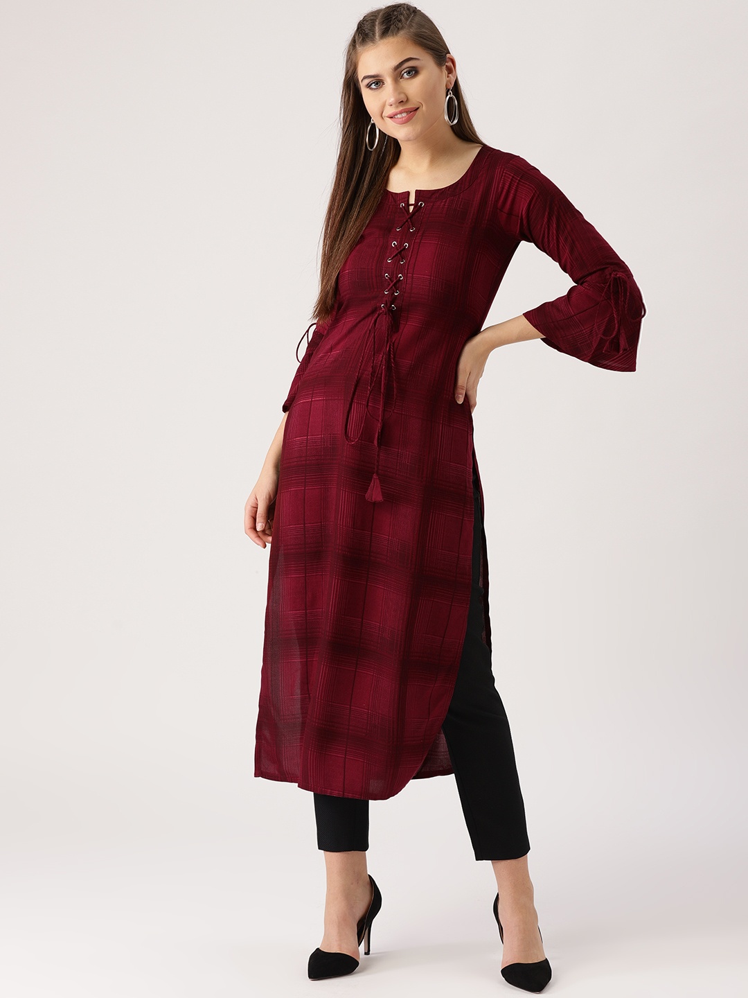 

Libas Women Maroon Checked Straight Kurta