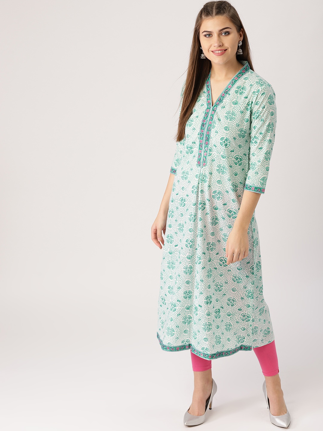 

Libas Women White & Green Printed A-Line Kurta