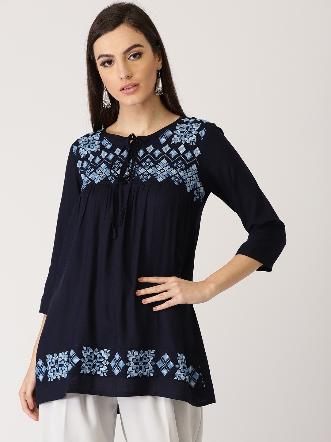 

Libas Women Navy Blue Yoke Design A-Line Kurti