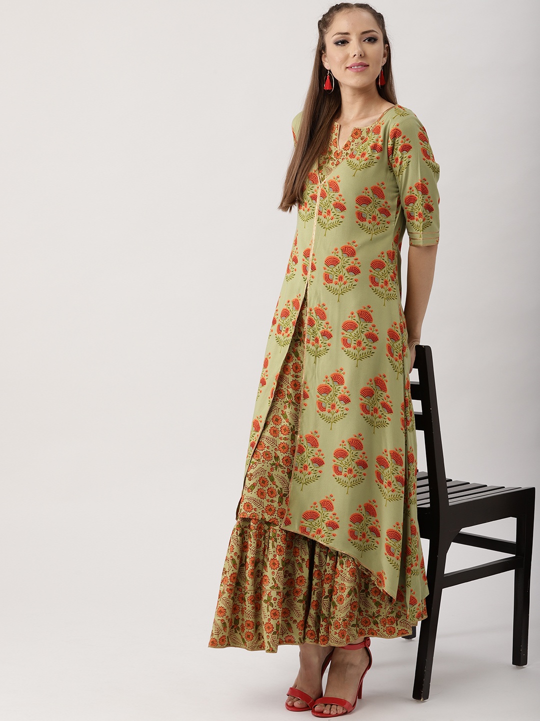 

Libas Women Green & Orange Printed Kurti with Skirt
