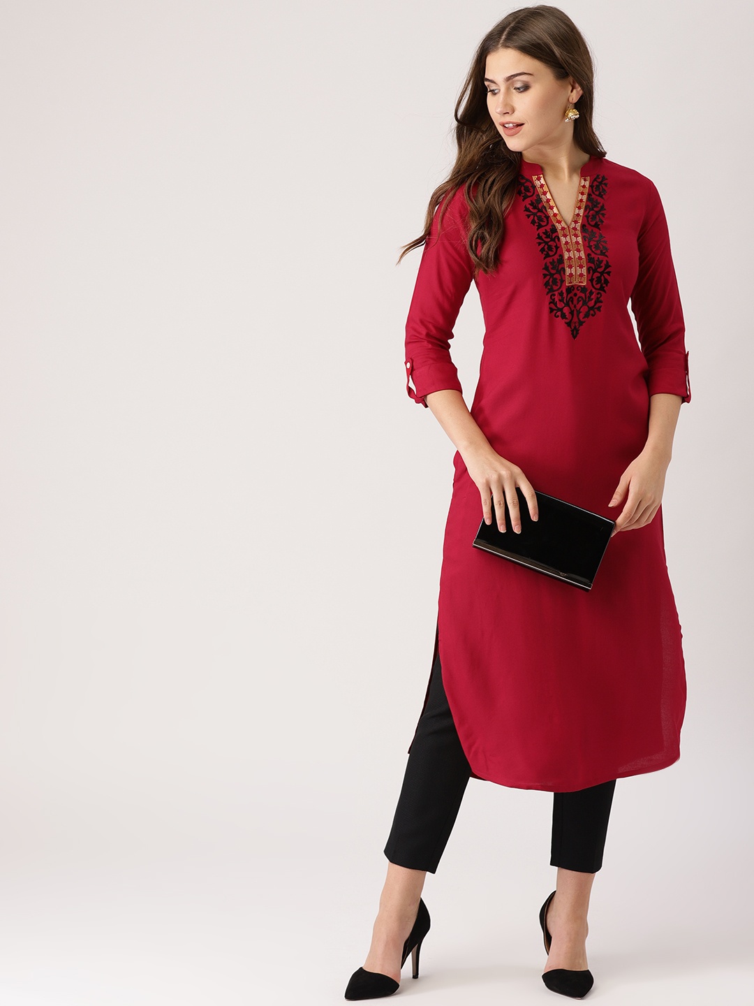 

Libas Women Red Yoke Design Straight Kurta