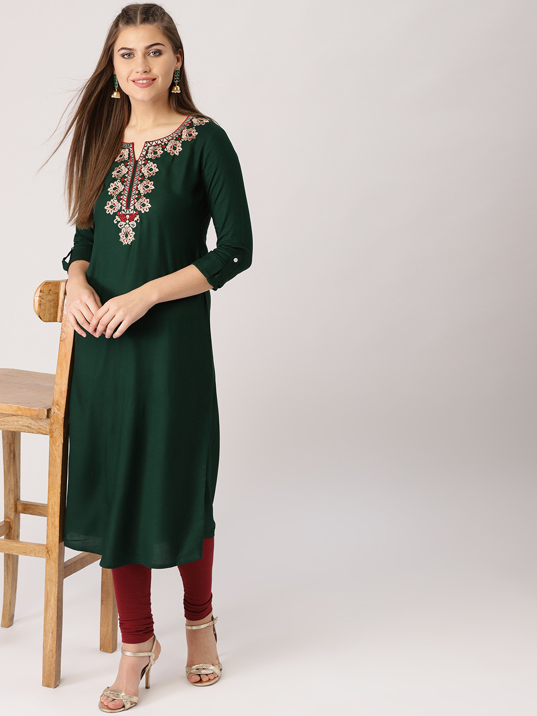 

Libas Women Green Yoke Design Straight Kurta