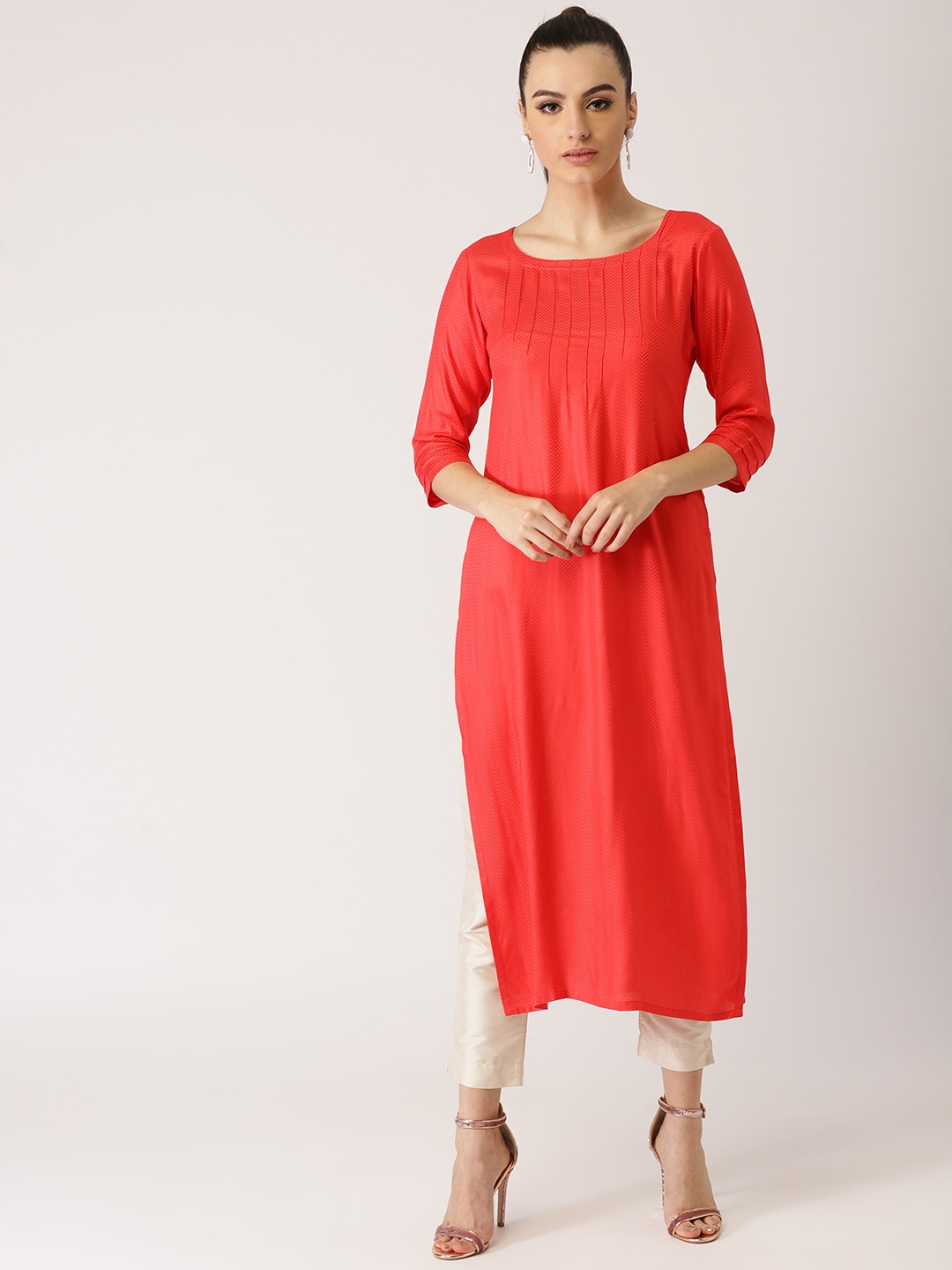 

Libas Women Coral Red Woven Design Straight Kurta