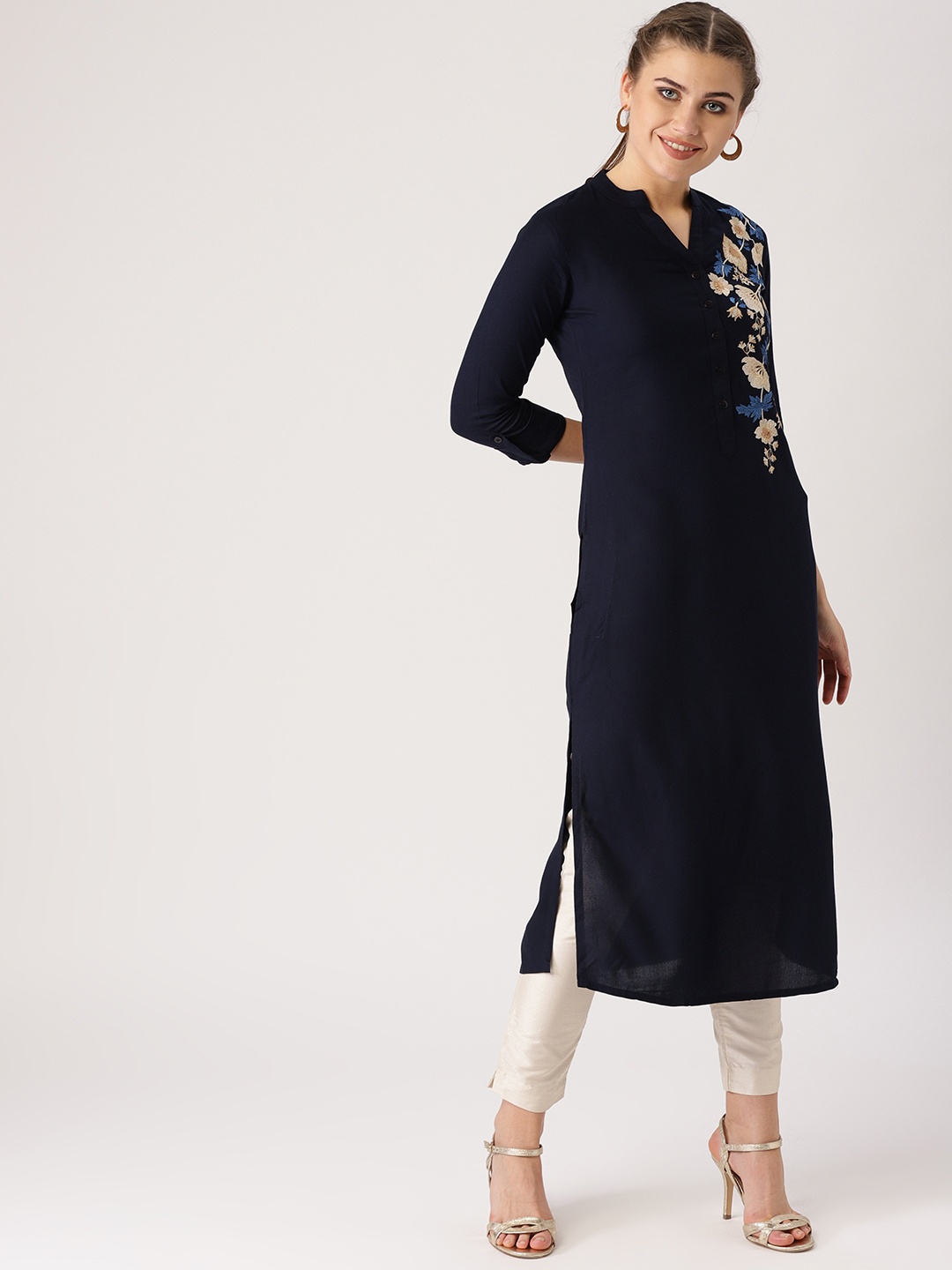 

Libas Women Navy Blue Yoke Design Straight Kurta