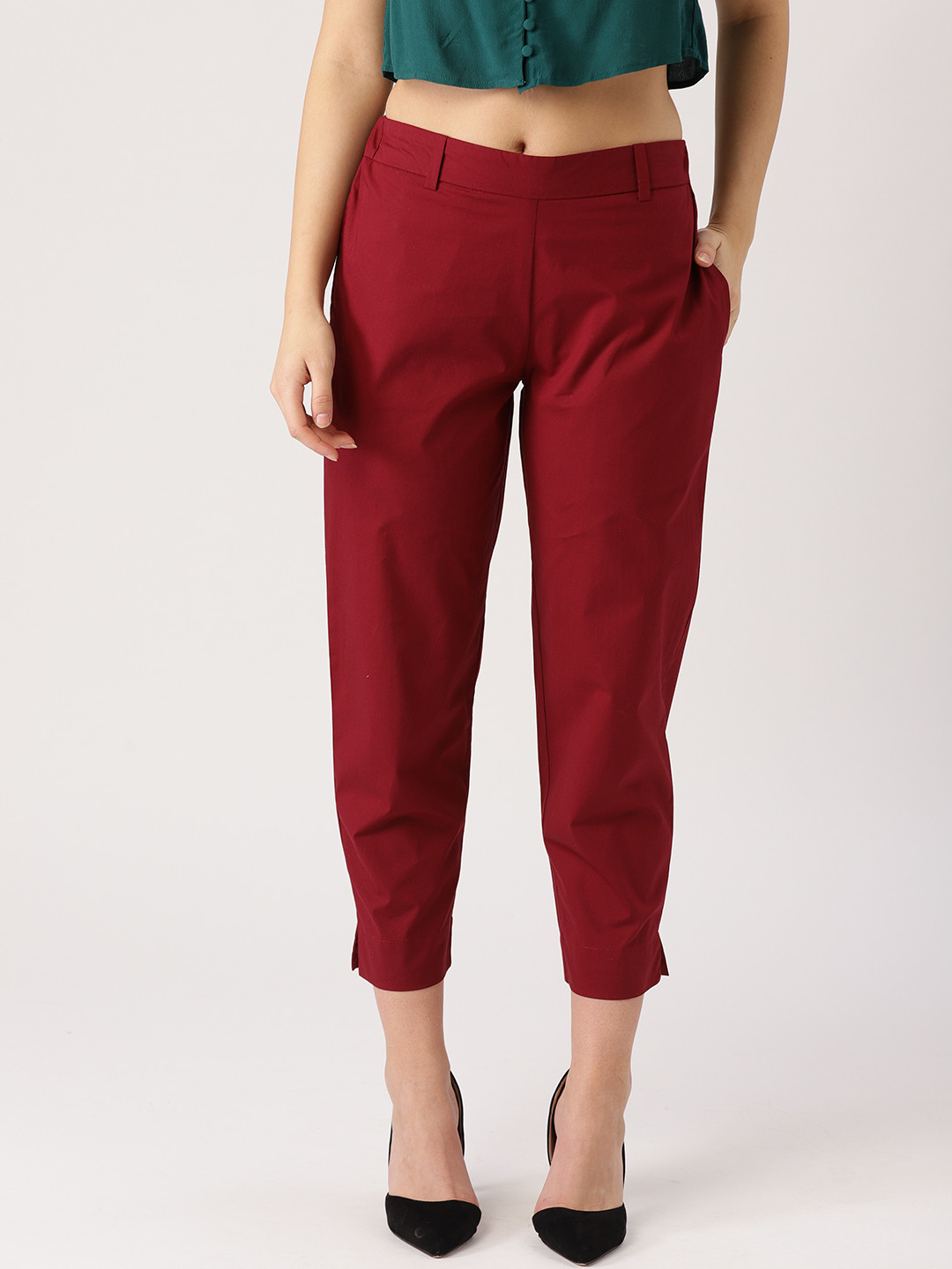 

Libas Women Maroon Regular Fit Solid Cropped Trousers