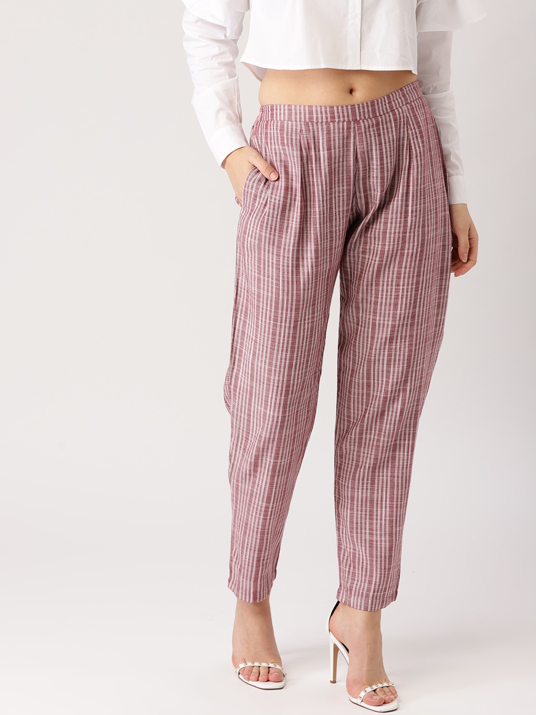 

Libas Women Burgundy & White Striped Straight Fit Regular Trousers