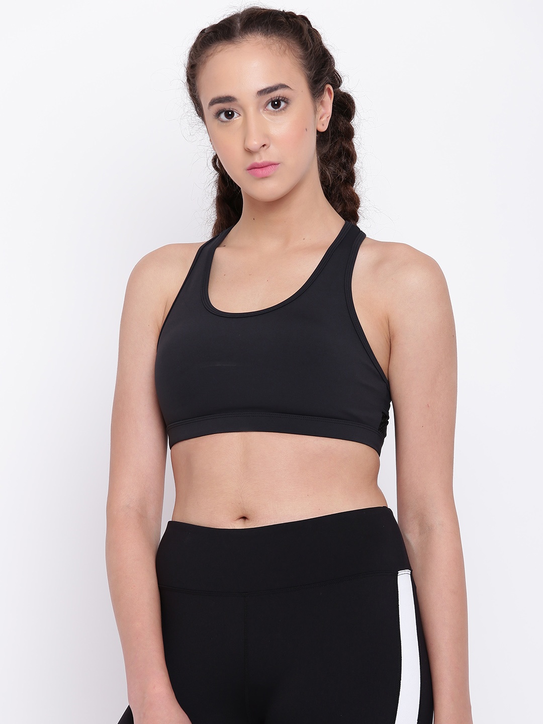 

Fitkin Black Solid Non-Wired Heavily Padded Cross back Sports Bra
