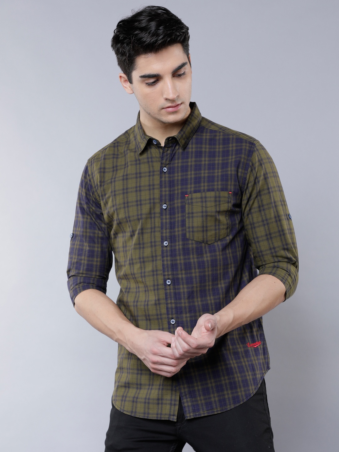 

LOCOMOTIVE Men Green & Navy Blue Slim Fit Checked Casual Shirt