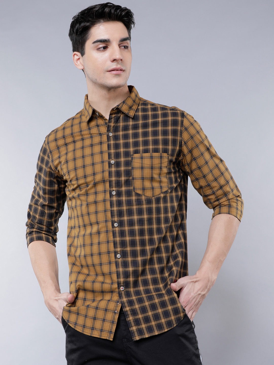 

LOCOMOTIVE Men Mustard Yellow & Black Slim Fit Checked Casual Shirt