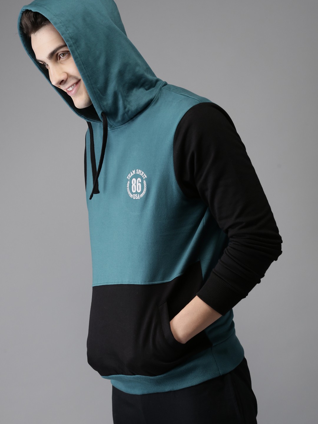 

HERE&NOW Men Teal Blue & Black Colourblocked Hooded Sweatshirt