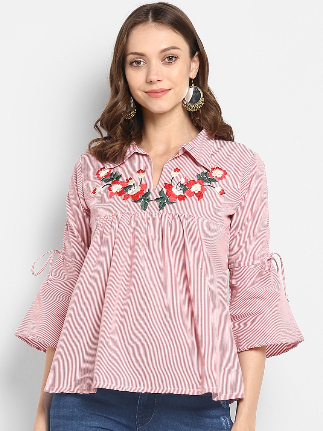 

Bhama Couture Red Striped Shirt Style Pure Cotton Top