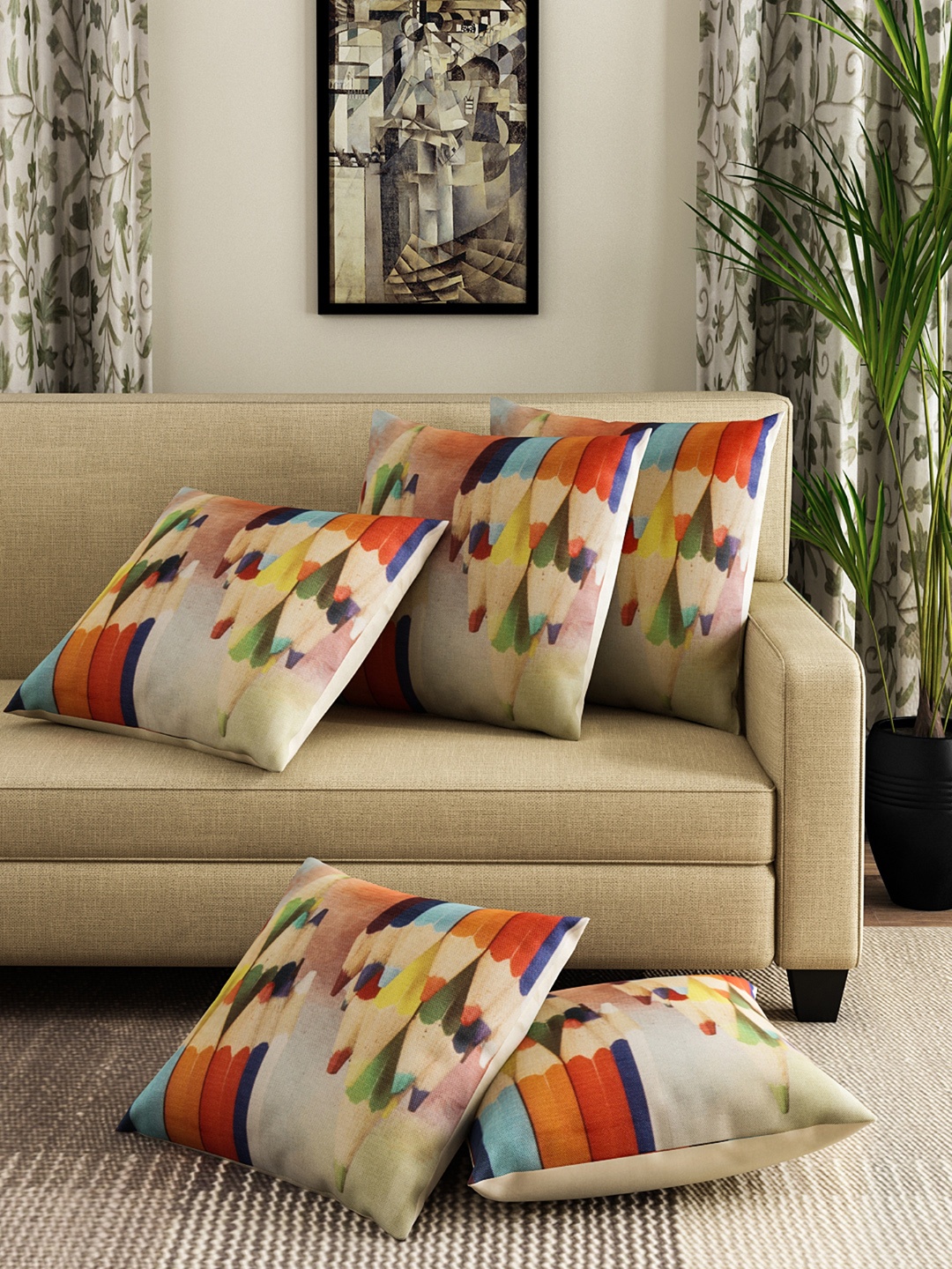 

ROMEE Multicoloured Set of 5 Graphic Square Cushion Covers, Multi