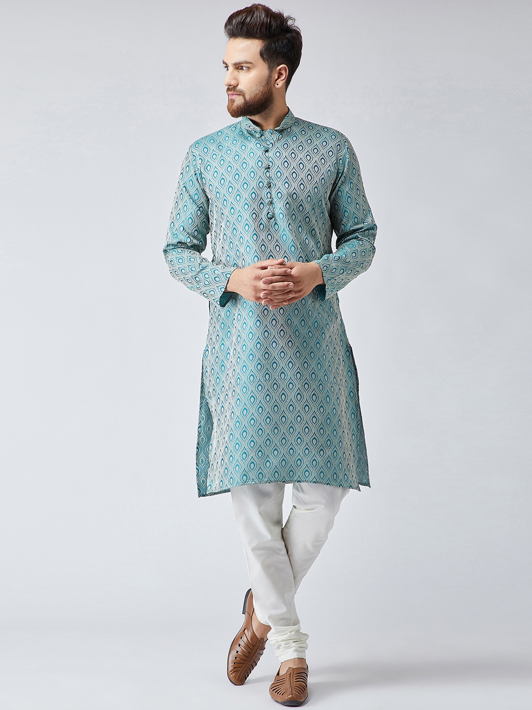 

Jompers Men Green & White Woven Design Kurta with Churidar