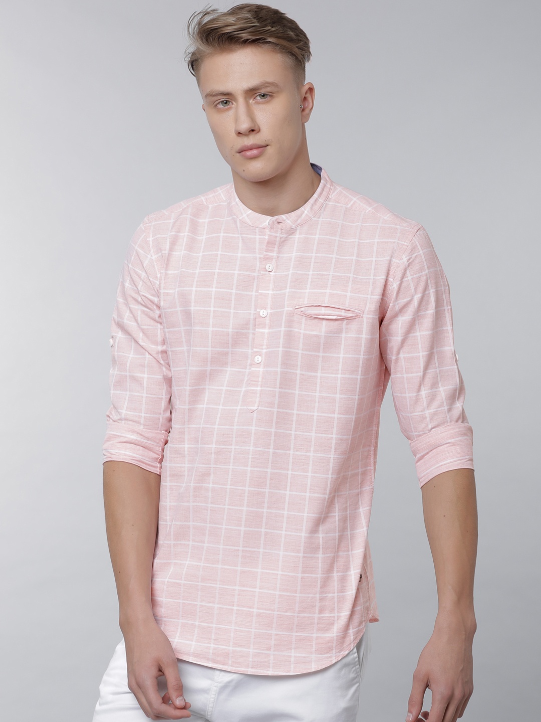 

LOCOMOTIVE Men Pink & White Slim Fit Checked Casual Shirt