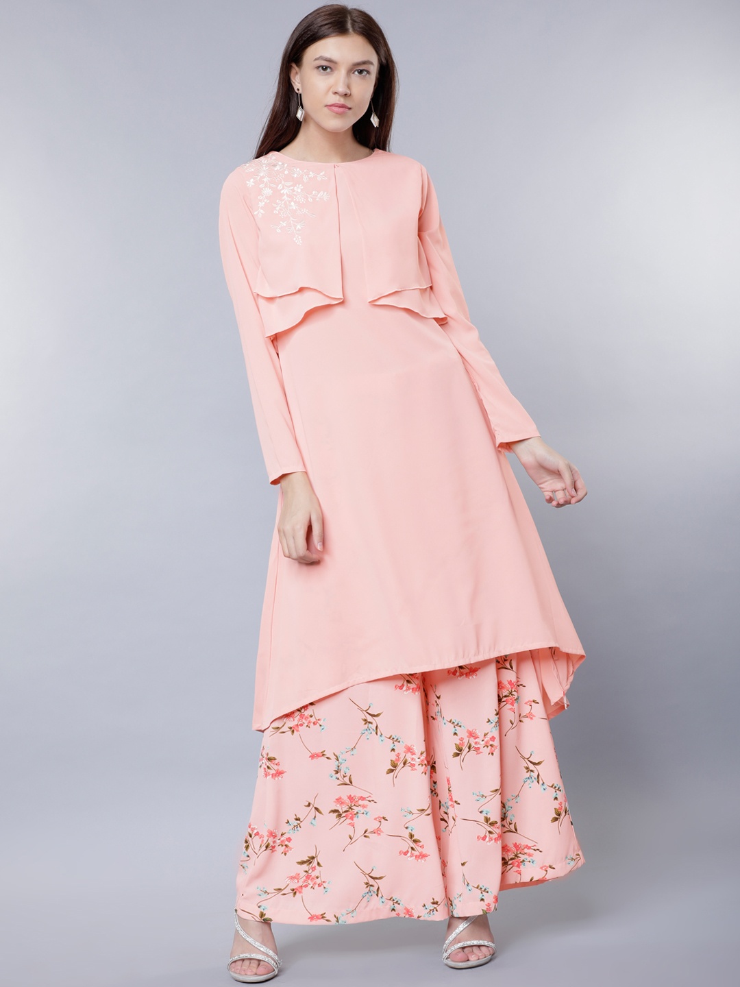 

Vishudh Women Peach-Coloured Embroidered Kurta with Palazzos