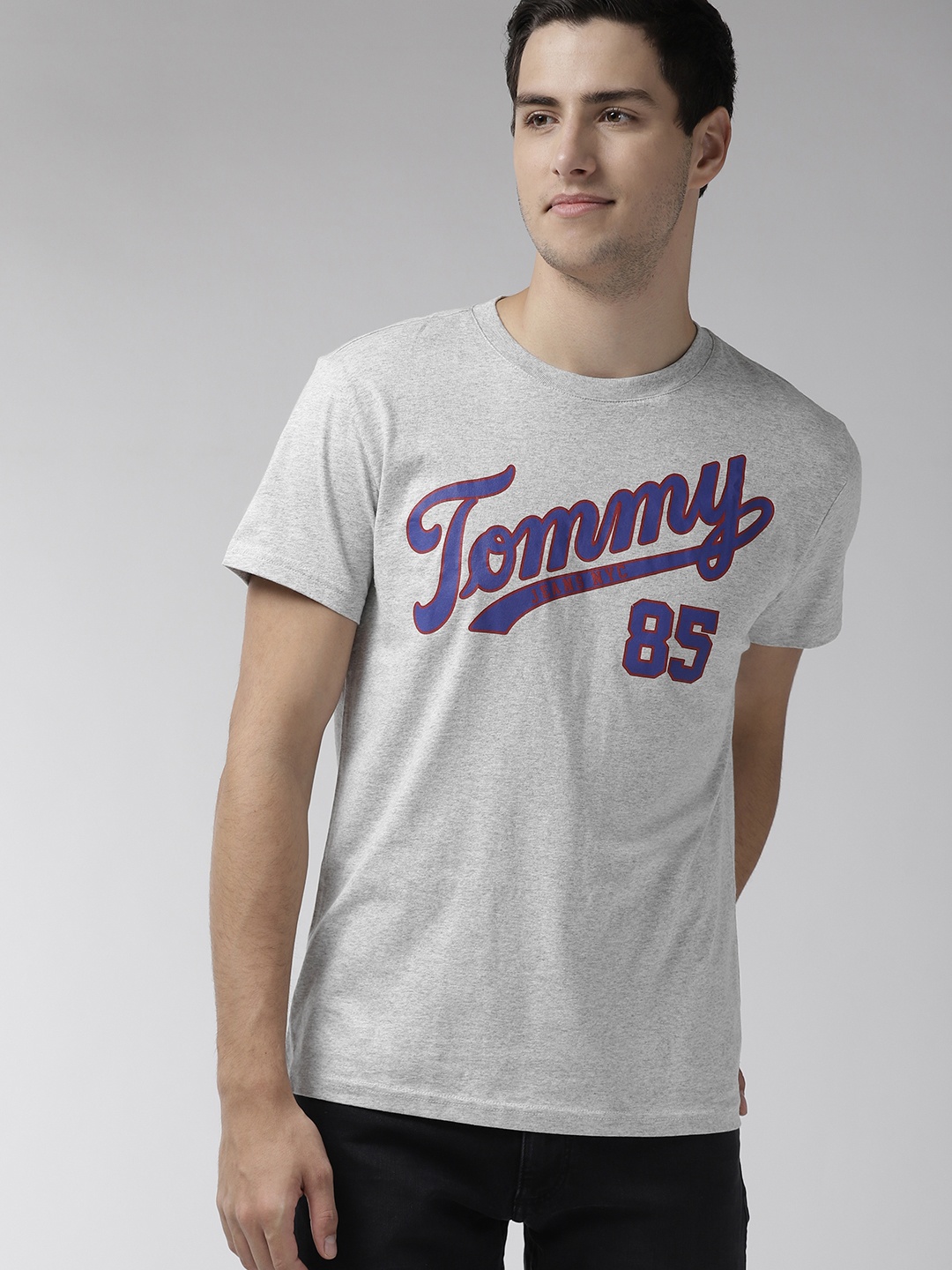 

Tommy Hilfiger Men Grey Melange Printed Round Neck Pure Cotton T-shirt