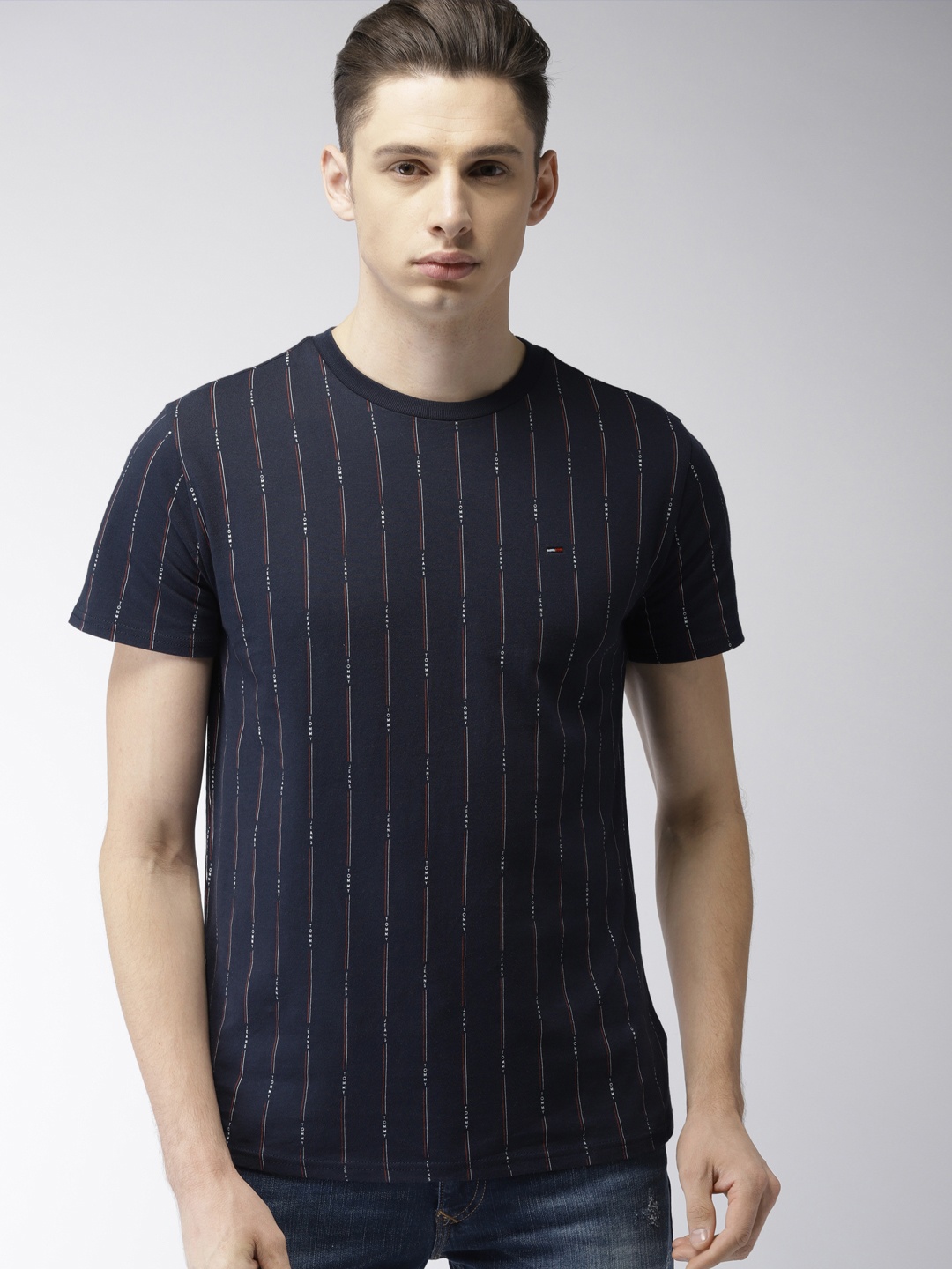 

Tommy Hilfiger Men Navy Blue Striped Round Neck Pure Cotton T-shirt