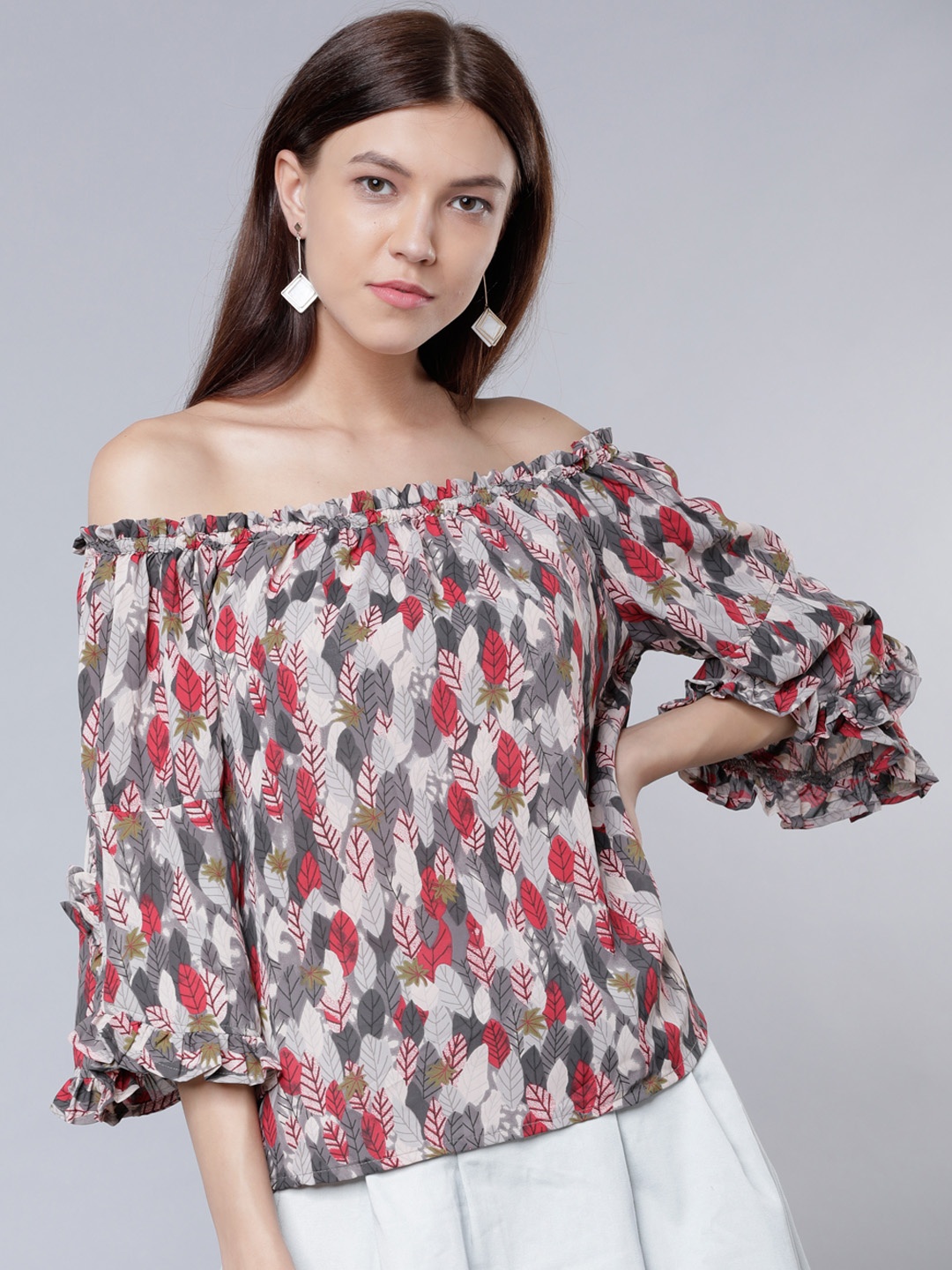 

Tokyo Talkies Women Grey Printed Bardot Top
