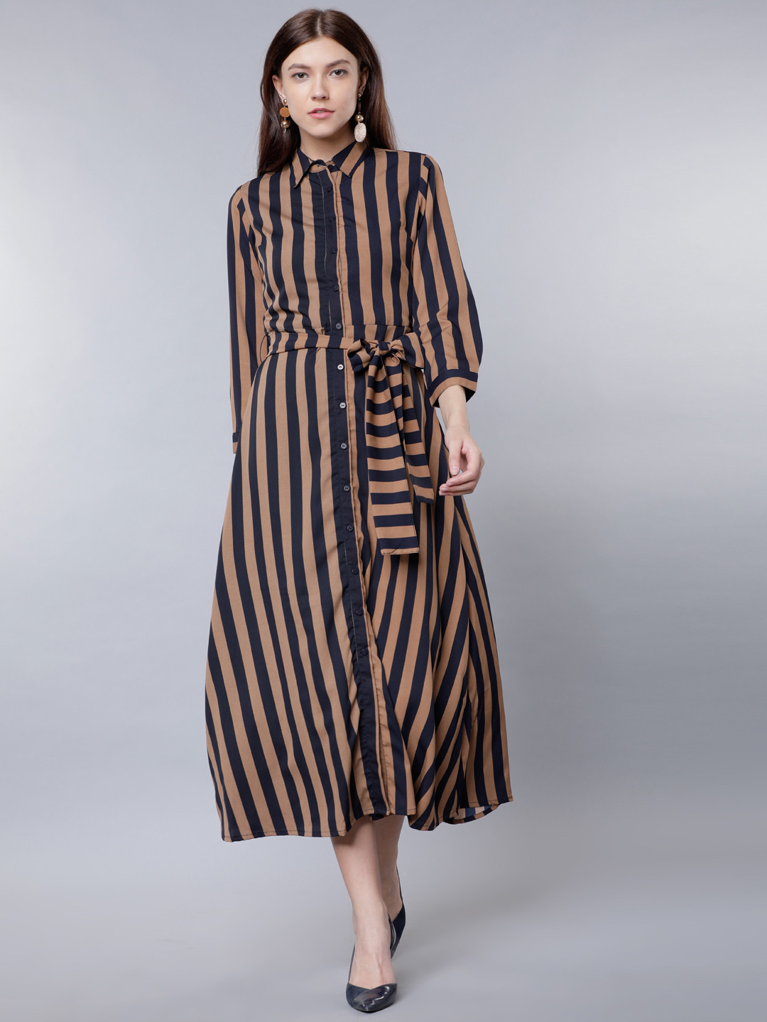 

Tokyo Talkies Women Brown Striped Shirt Dress
