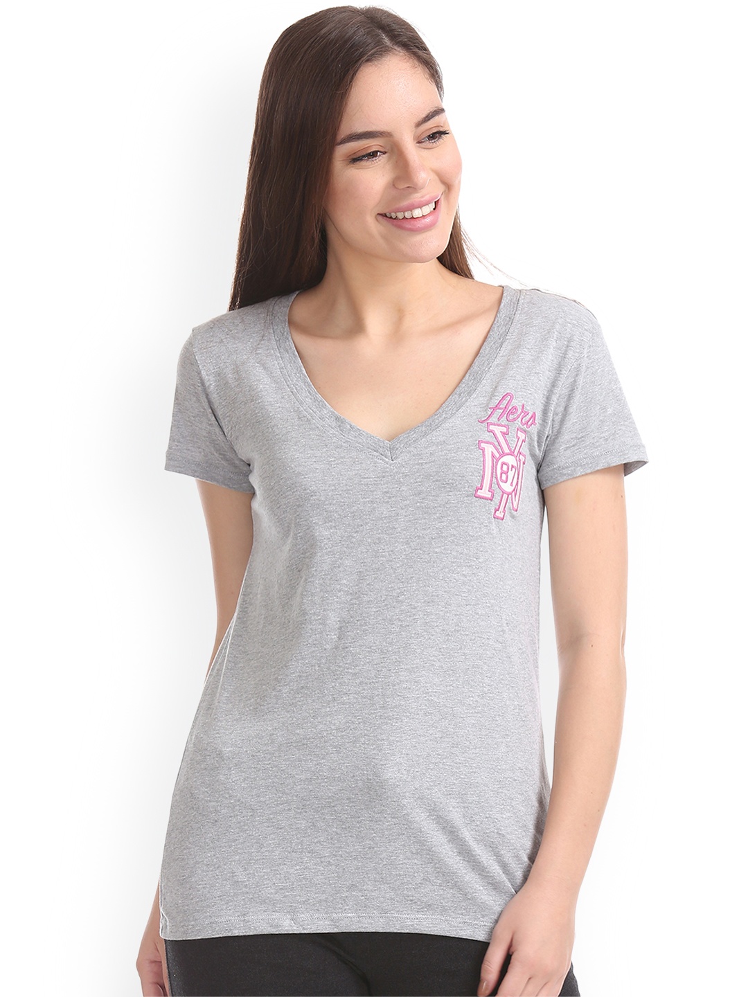 

Aeropostale Women Grey Self Design V-Neck T-shirt