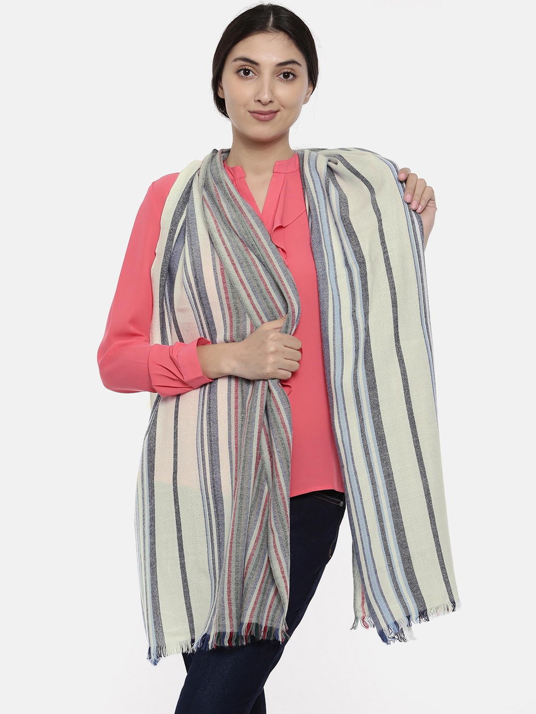 

Noi Off-White & Blue Striped Shawl