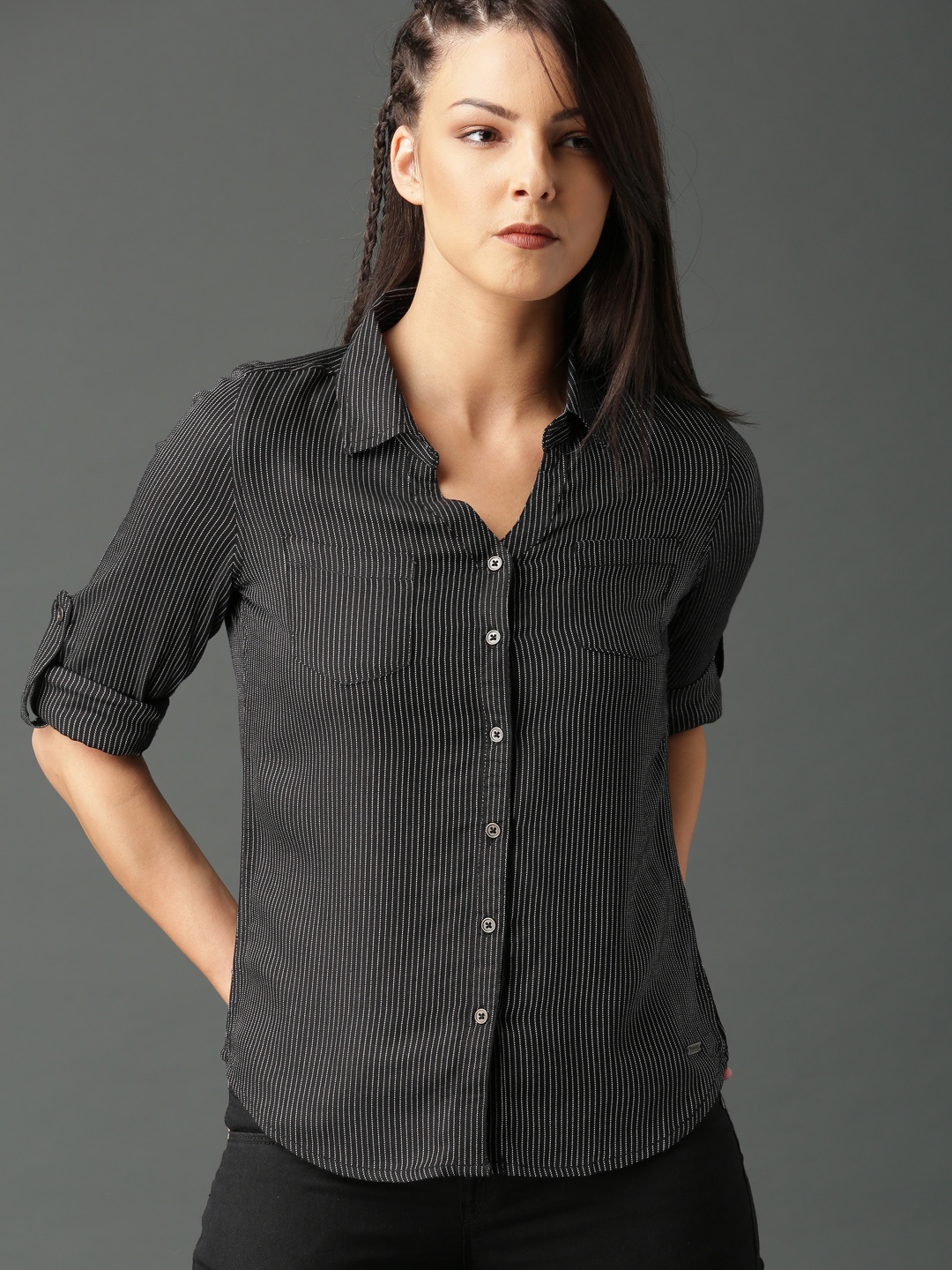 

Roadster Women Black & White Regular Fit Striped Casual Shirt