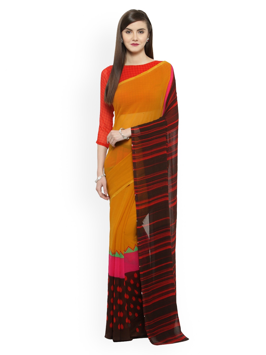 

Shaily Orange & Brown Pure Georgette Printed Saree