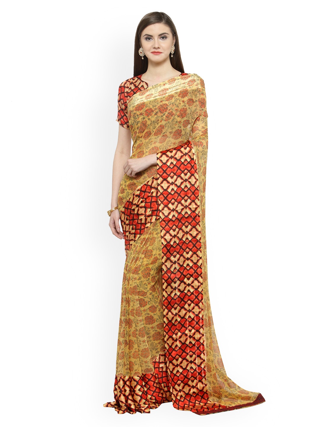 

Shaily Beige & Red Silk Blend Printed Saree