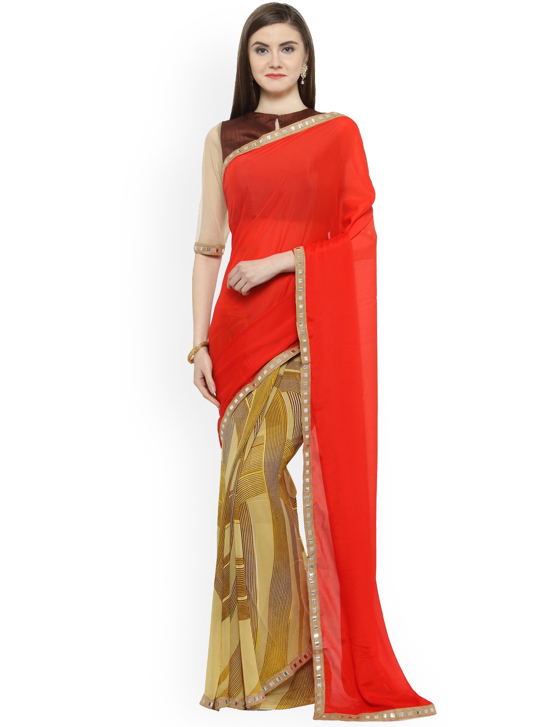 

Shaily Red Pure Georgette Solid Saree