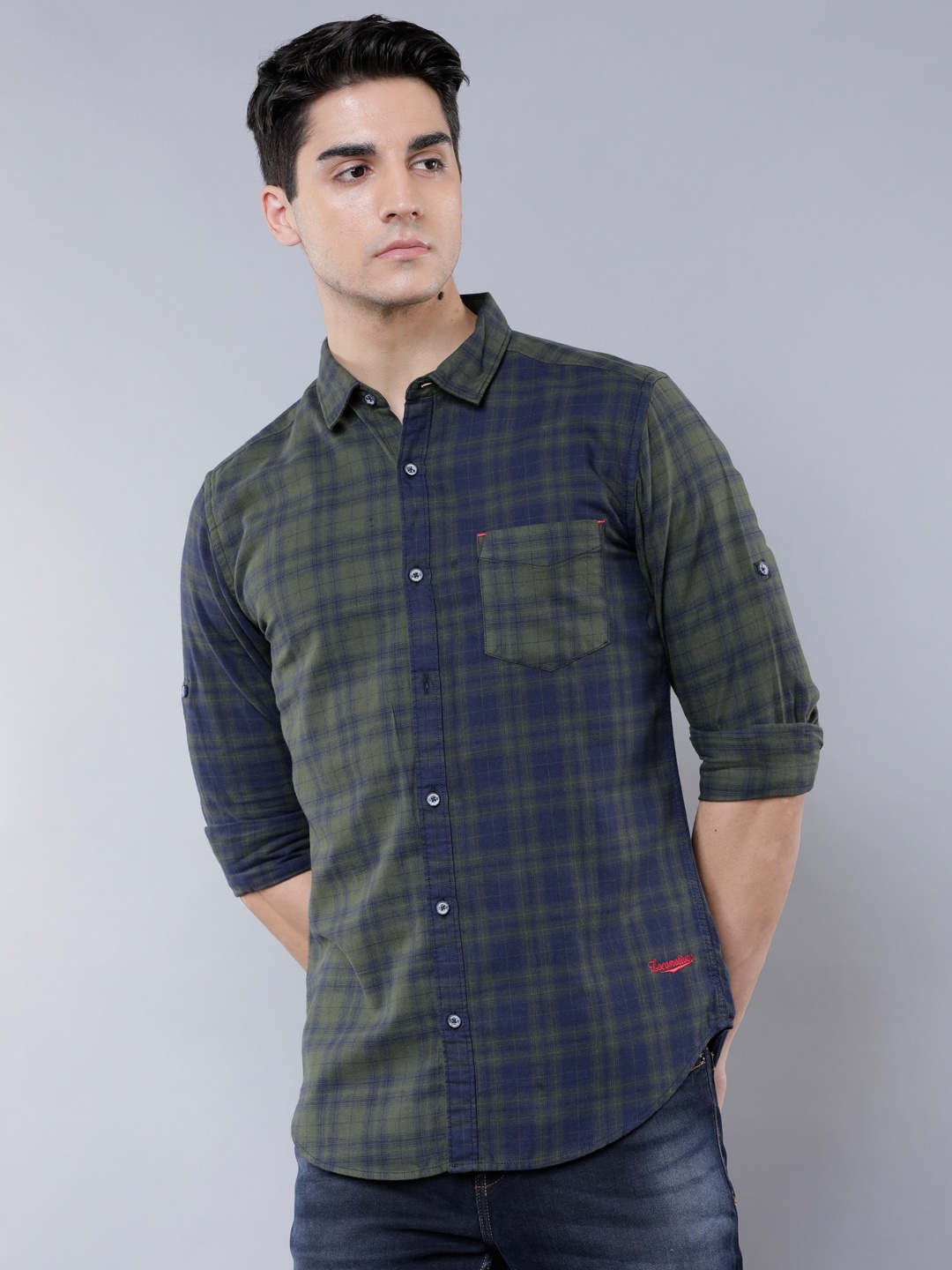 

LOCOMOTIVE Men Green & Navy Blue Slim Fit Checked Casual Shirt
