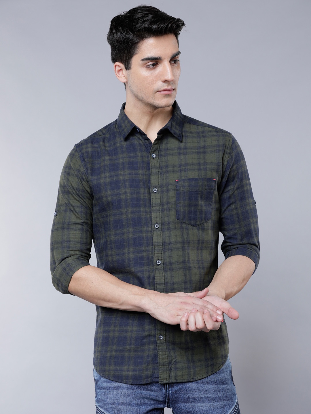 

LOCOMOTIVE Men Green & Navy Blue Slim Fit Checked Casual Shirt