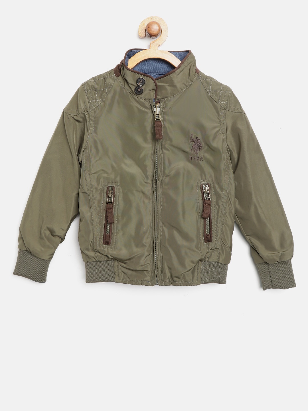 

U.S. Polo Assn. Kids Boys Olive Green & Navy Blue Solid Reversible Bomber Jacket