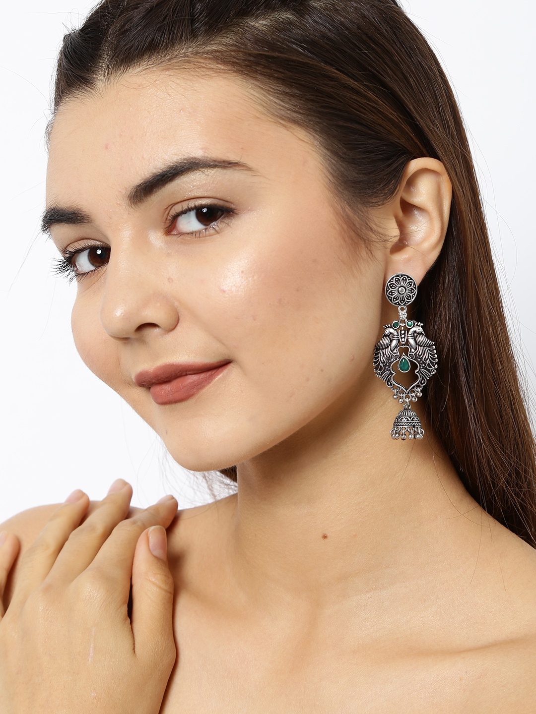 

Ayesha Silver-Toned & Green Ethnic Oxidized Jhumka Drop Earrings